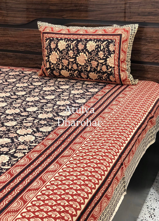 Black Kalamkari Cotton King Size Bedsheet