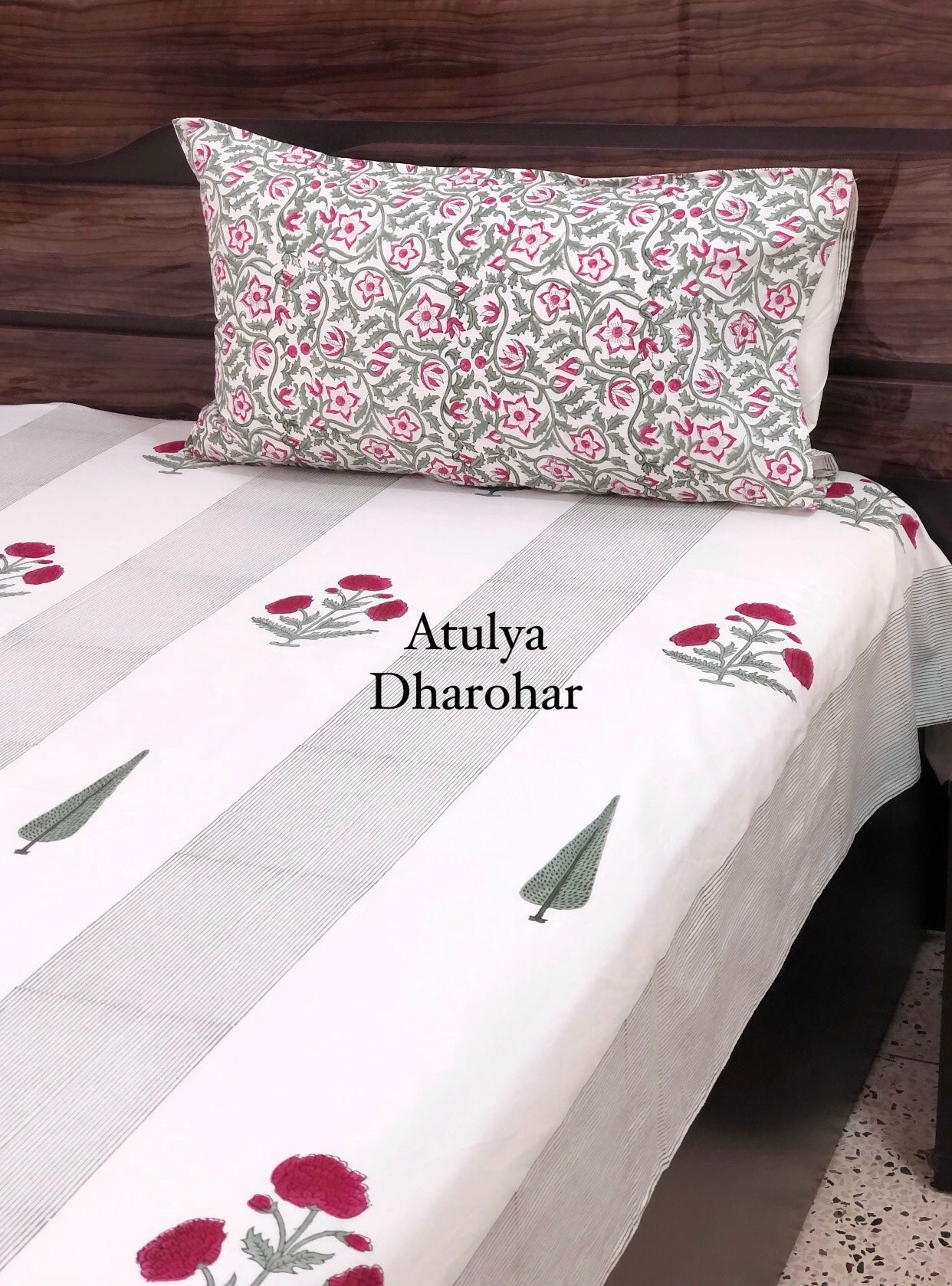 Pinkish Red Marigold with Pine Tree Motifs Hand Block Printed Super King Bedsheet