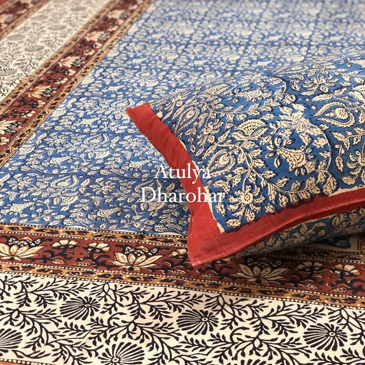 Indigo Kalamkari Hand Block Printed Single Bedsheet