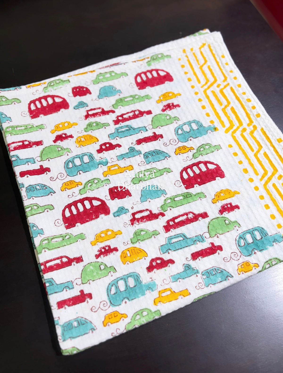 Multicolour Car Hand Block Printed Waffle Cotton Kids Towel