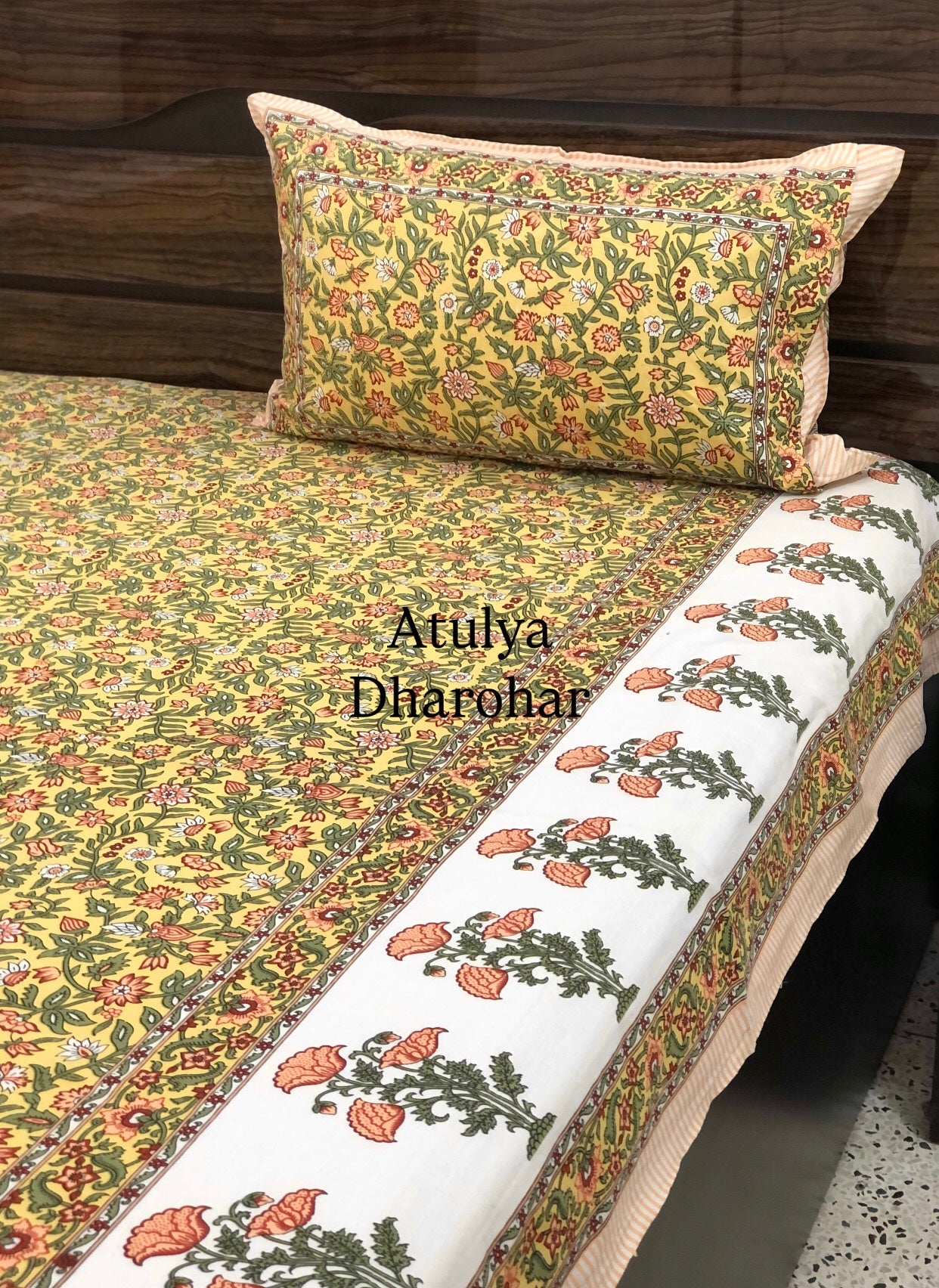 Yellow Floral Jaal Cotton King Size Bedsheet