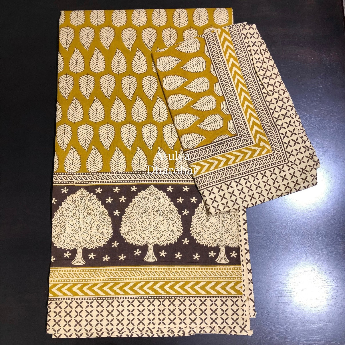 Greenish Mustard and Black Kalamkari Single Bedsheet