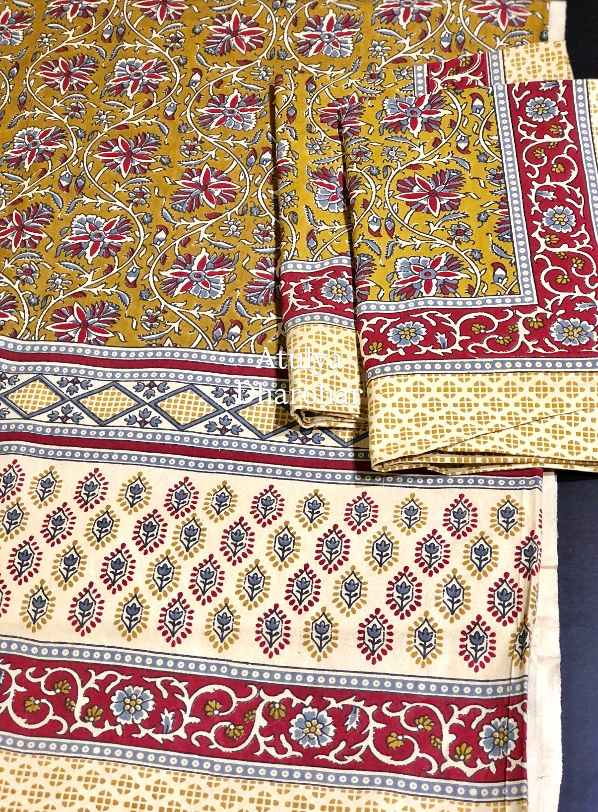 Greenish Mustard and Maroon Kalamkari Cotton King Size Bedsheet