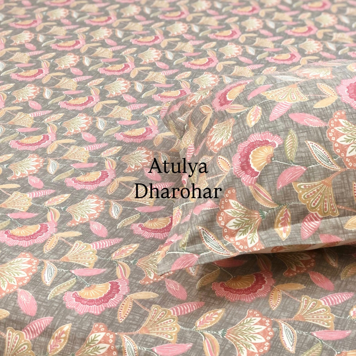 Grey & Pink Floral Jaal Cotton King Size Bedsheet
