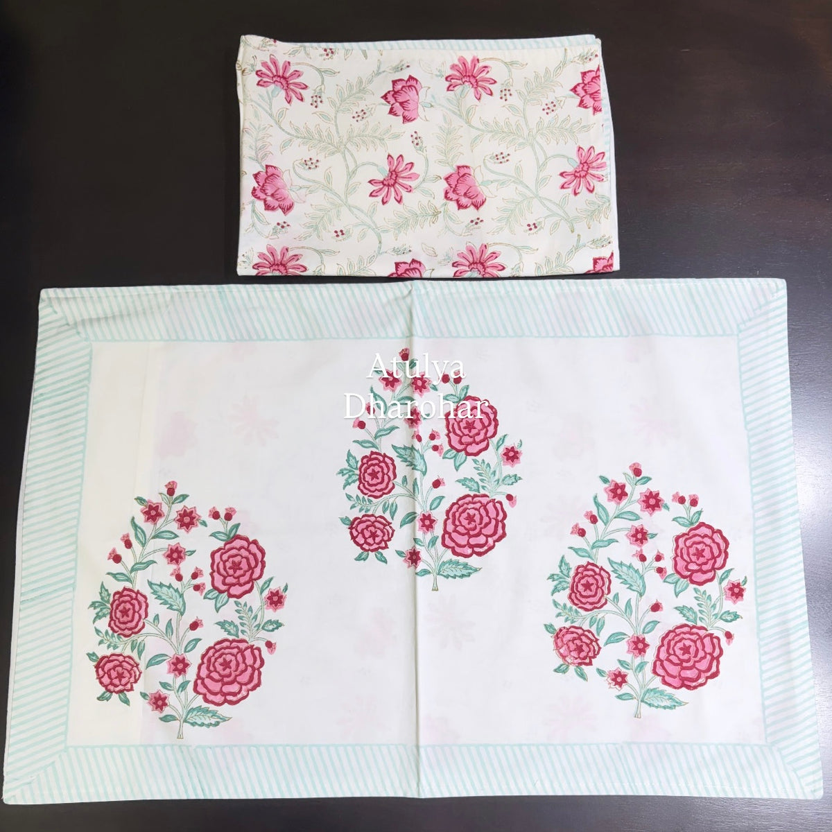 Pink Floral Motifs Percale Cotton Hand Block Printed Super King Bedsheet
