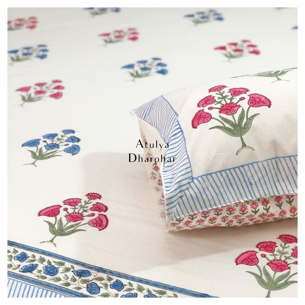Pink and Blue Floral Motifs Hand Block Super King Bedsheet