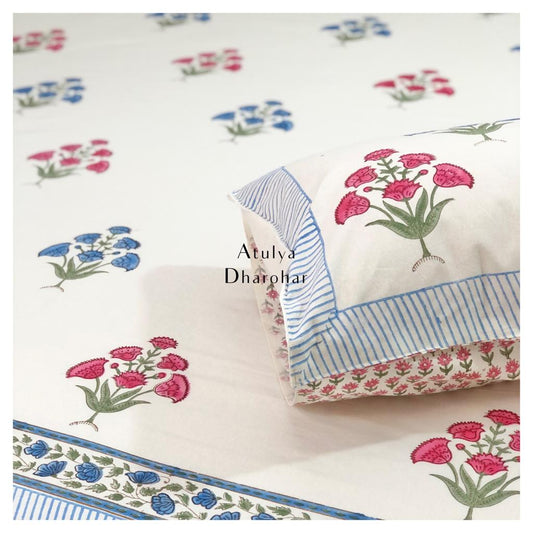 Pink and Blue Floral Motifs Hand Block Super King Bedsheet