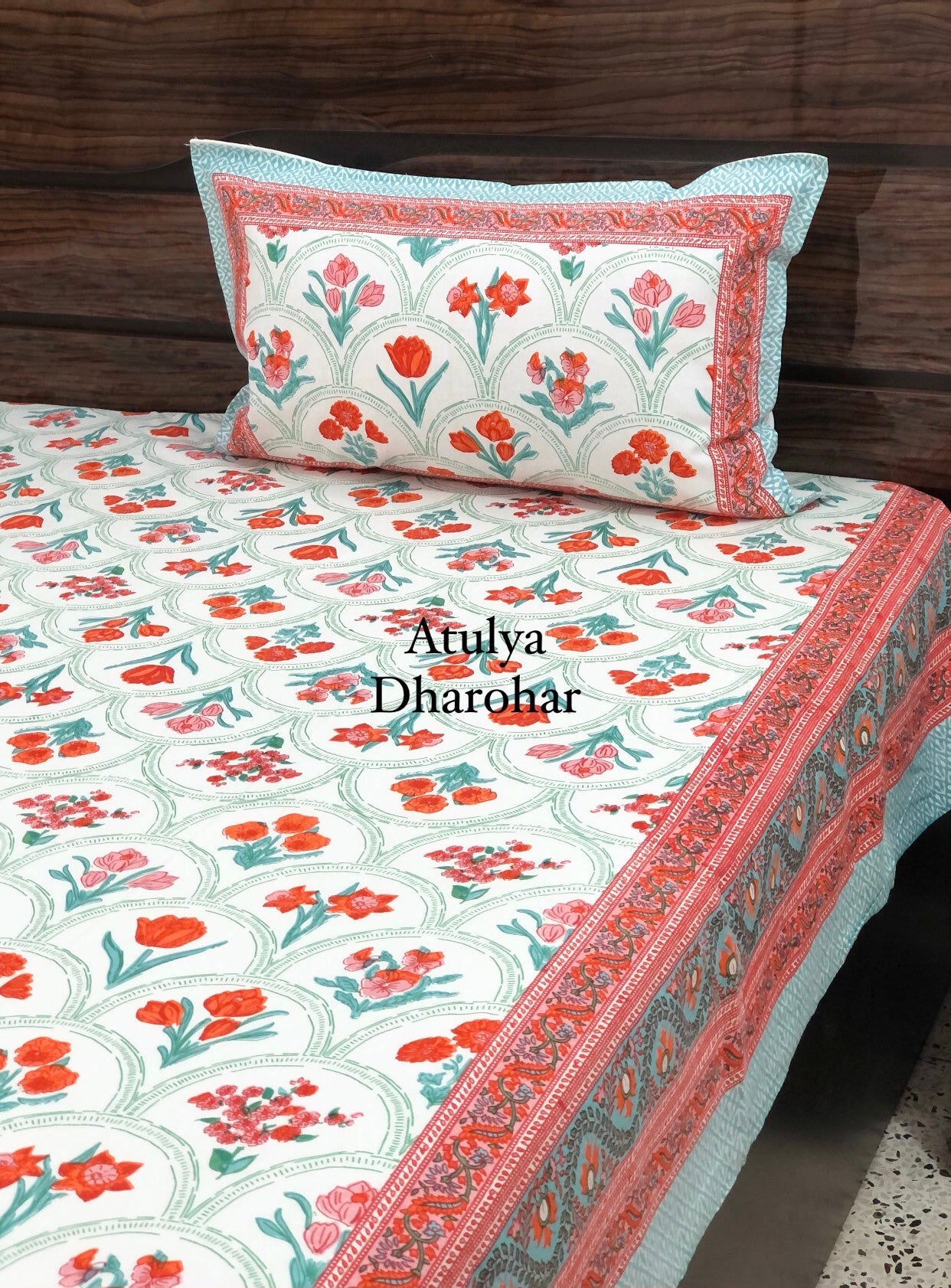 Orange & Pink Tulip Floral Motifs Cotton Bedsheet