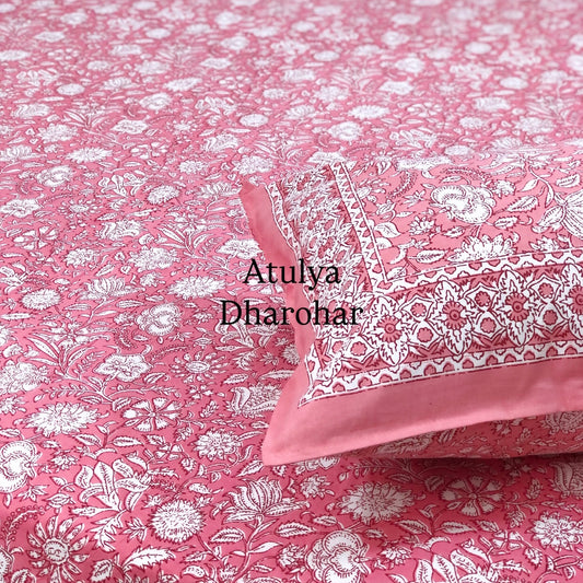 Pink Floral Cotton Super King Bedsheet