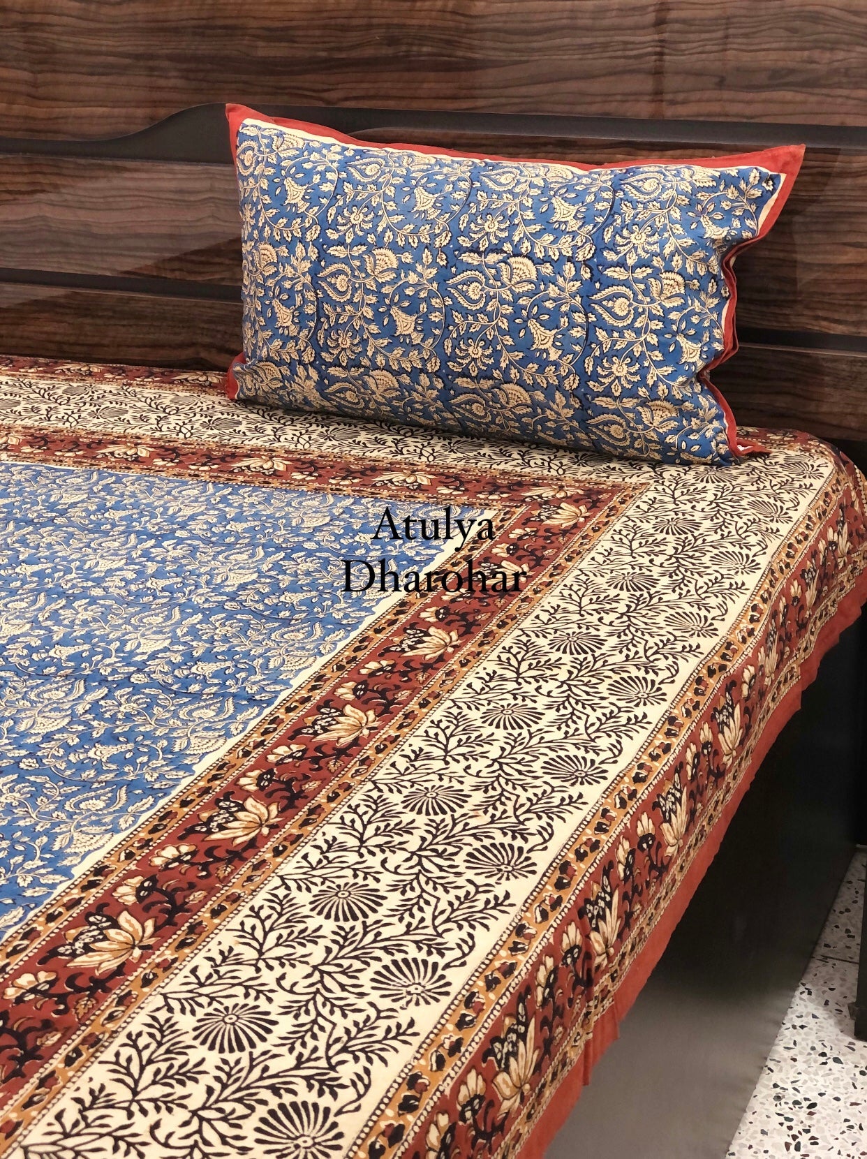 Indigo Kalamkari Hand Block Printed Single Bedsheet