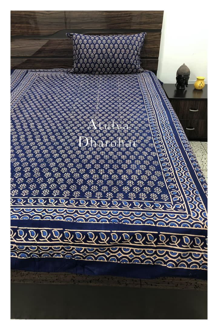 Indigo Butti Hand Block Printed Bedsheet