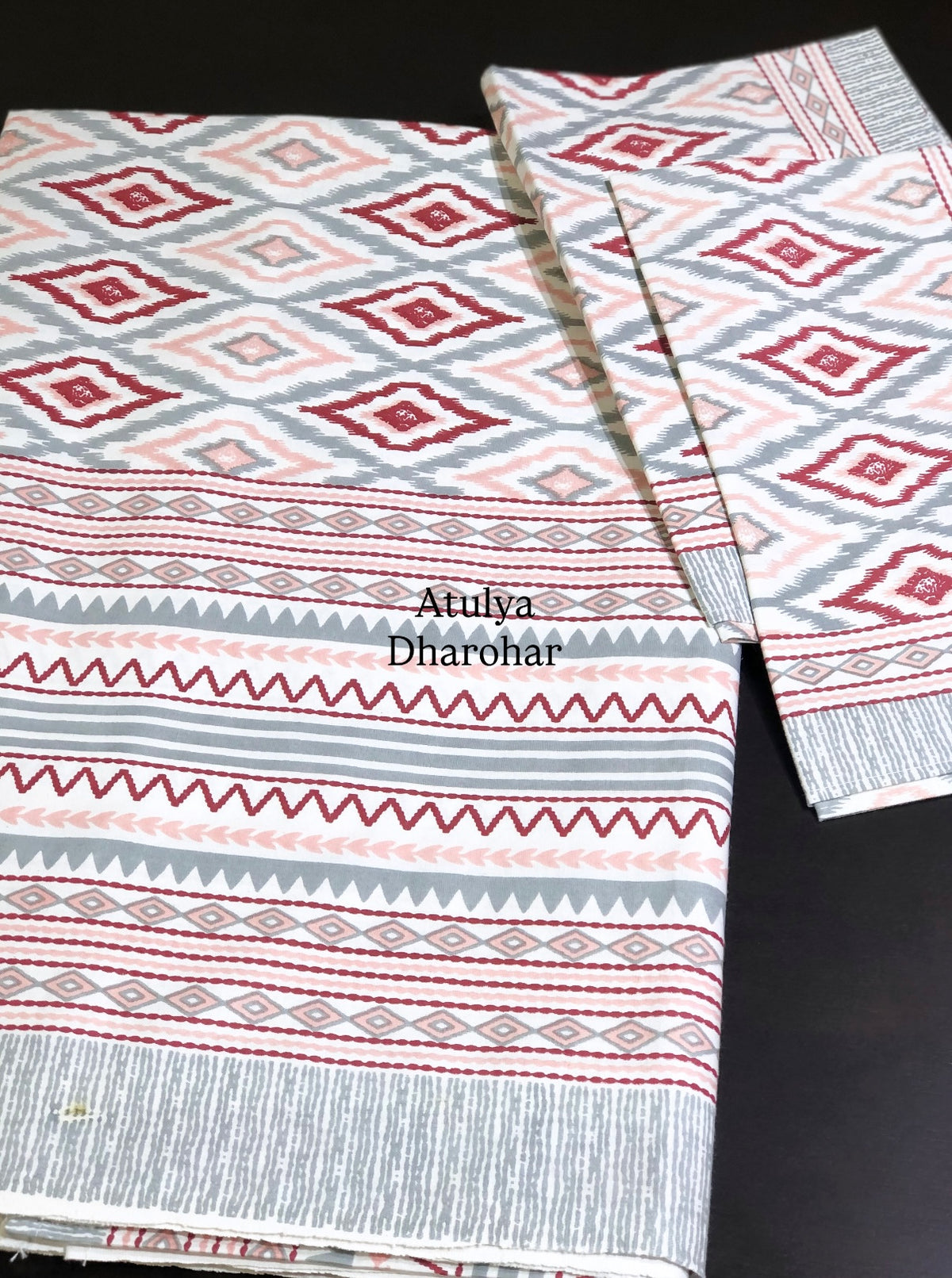 Grey and Pink Ikat Cotton King Size Bedsheet