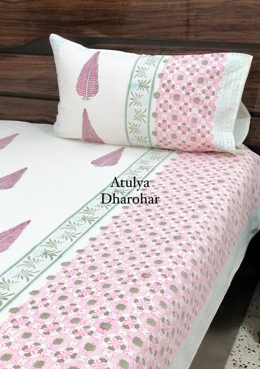 Pink Pine Motifs Designer Hand Block Printed Bedsheet