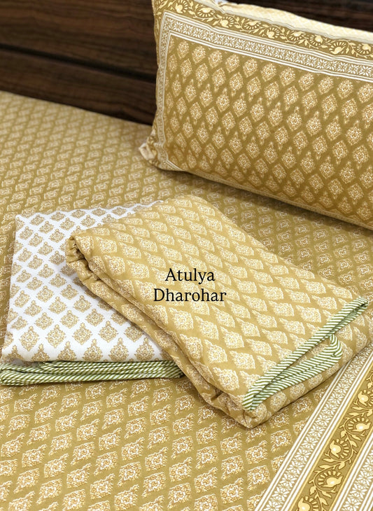 Mustard Butti Mulmul Single Dohar Pair with Super King Bedsheet Set