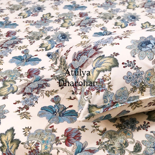 Blue Floral Jaal Cotton Super King Bedsheet