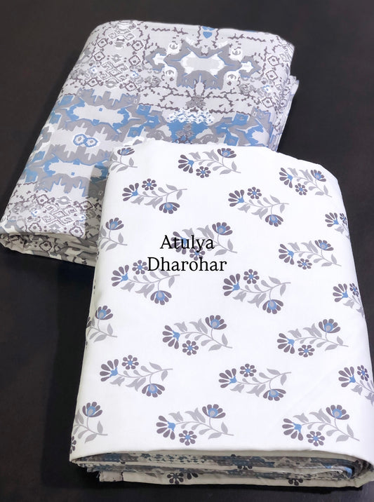 Blue and Grey Floral Cambric Cotton Single Dohar Pair