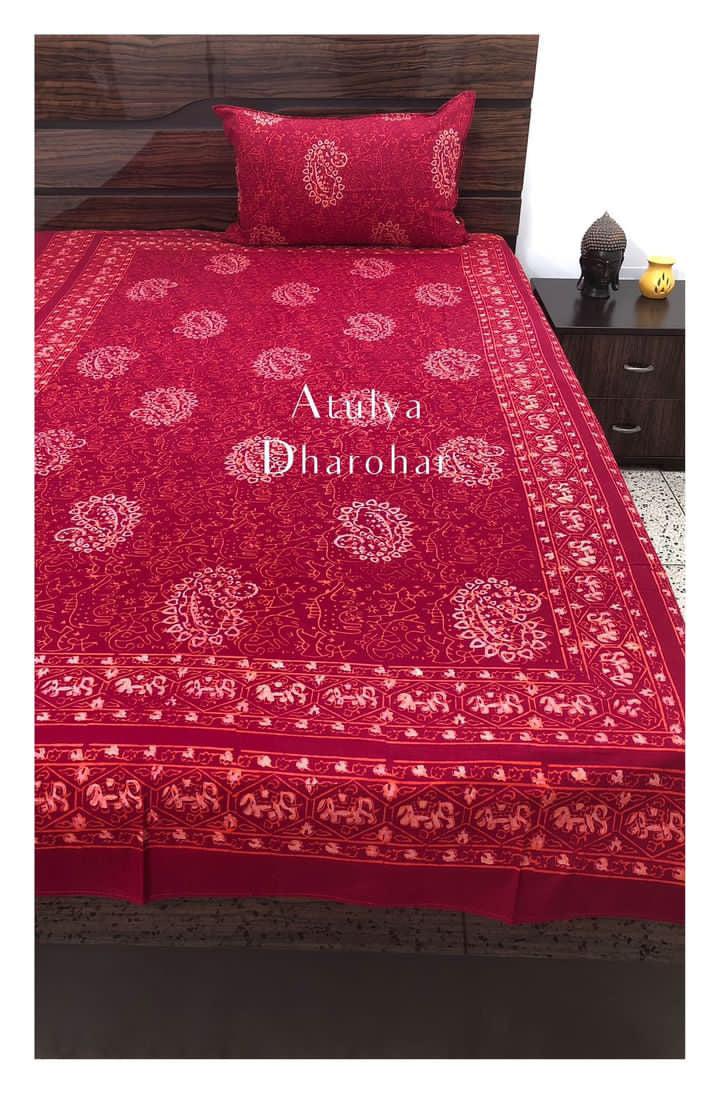 Red Paisley Motifs Single Hand Block Bedsheet