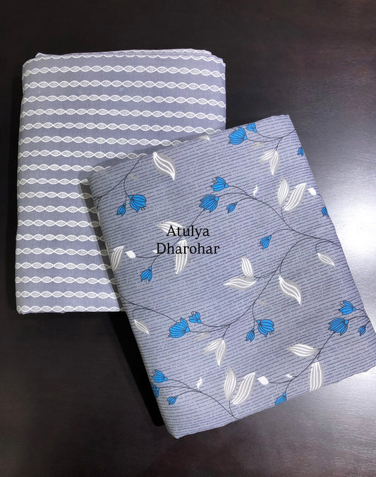 Grey and Blue Floral Cambric Cotton Single Dohar Pair