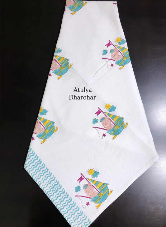 Sailing Bunny on Sunny Day Hand Block Printed Waffle Cotton Kids Towel