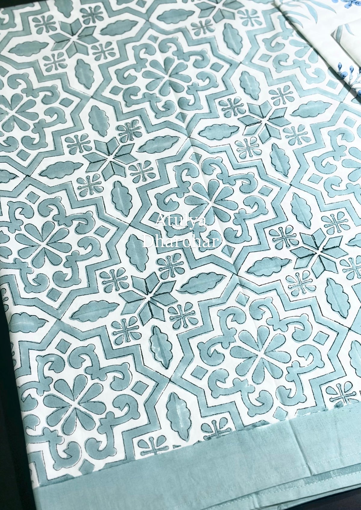 Turquoise Mughal Jaal Percale Cotton Hand Block Printed Super King Bedsheet