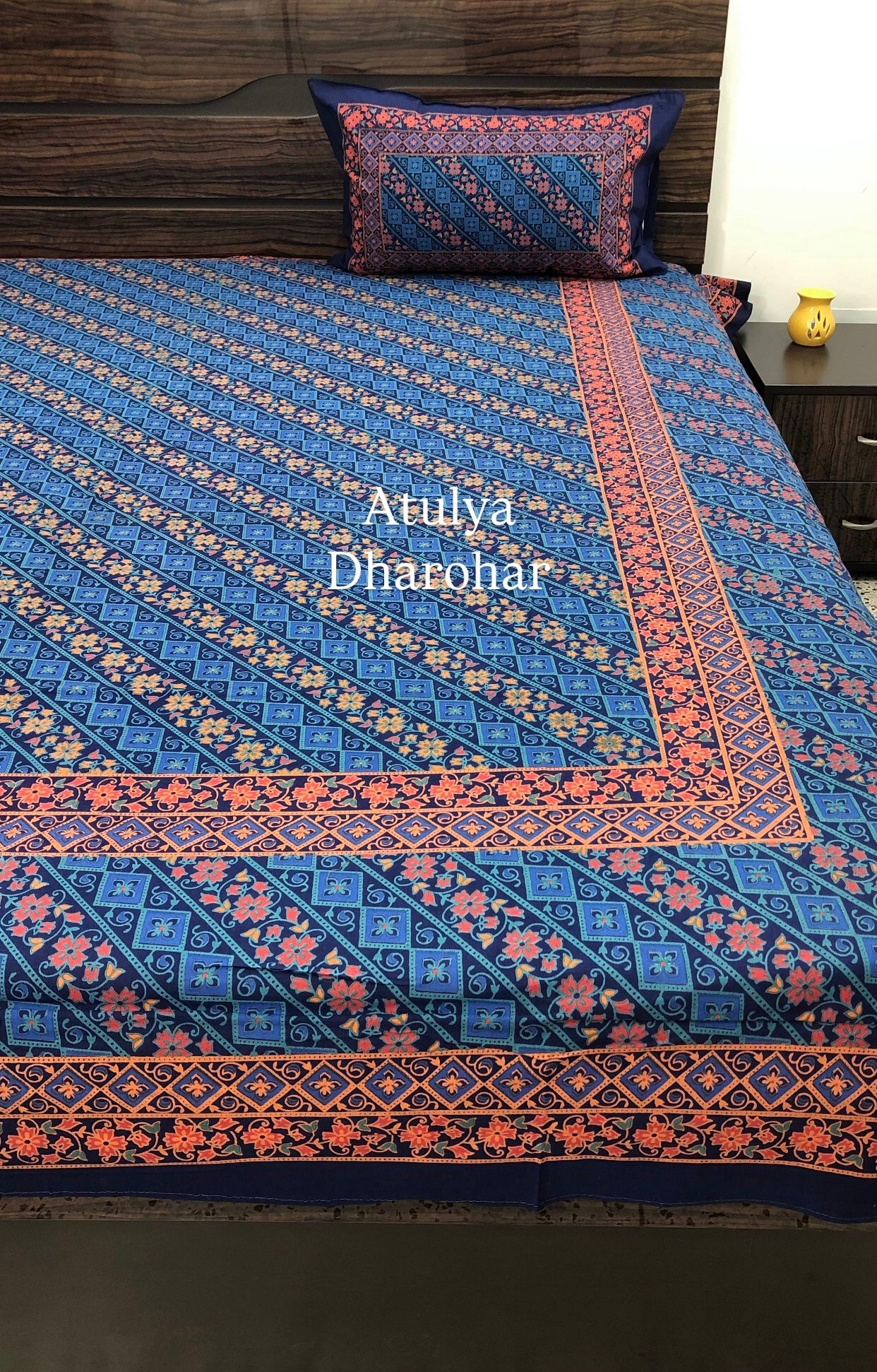 Blue and Orange Mandala Cotton King Size Bedsheet