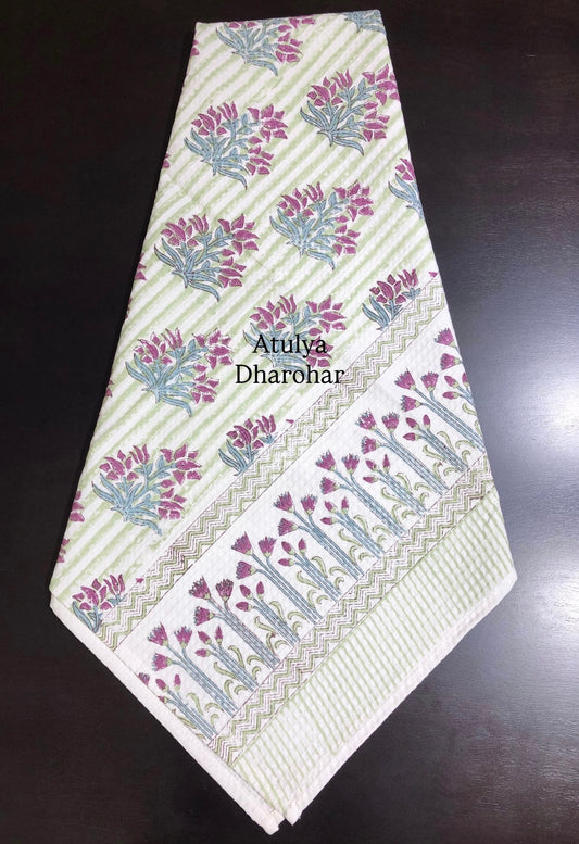 Green and Magenta Floral Motifs Hand Block Printed Waffle Cotton Towel