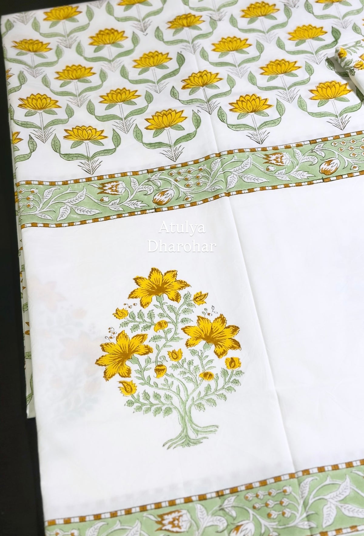 Yellow Floral Mughal Jaal Percale Cotton Hand Block Printed Super King Bedsheet