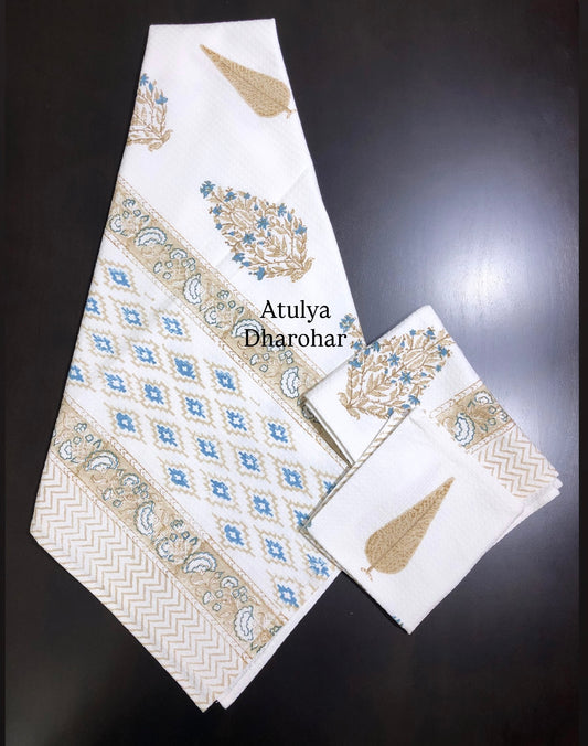 Brown and Blue Mughal Motifs Hand Block Waffle Cotton Towel Set