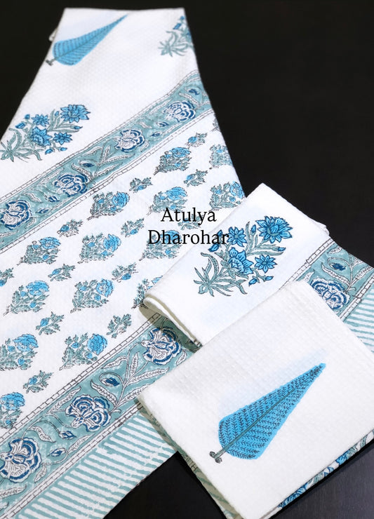 Blue Floral Motifs Hand Block Waffle Cotton Towel Set