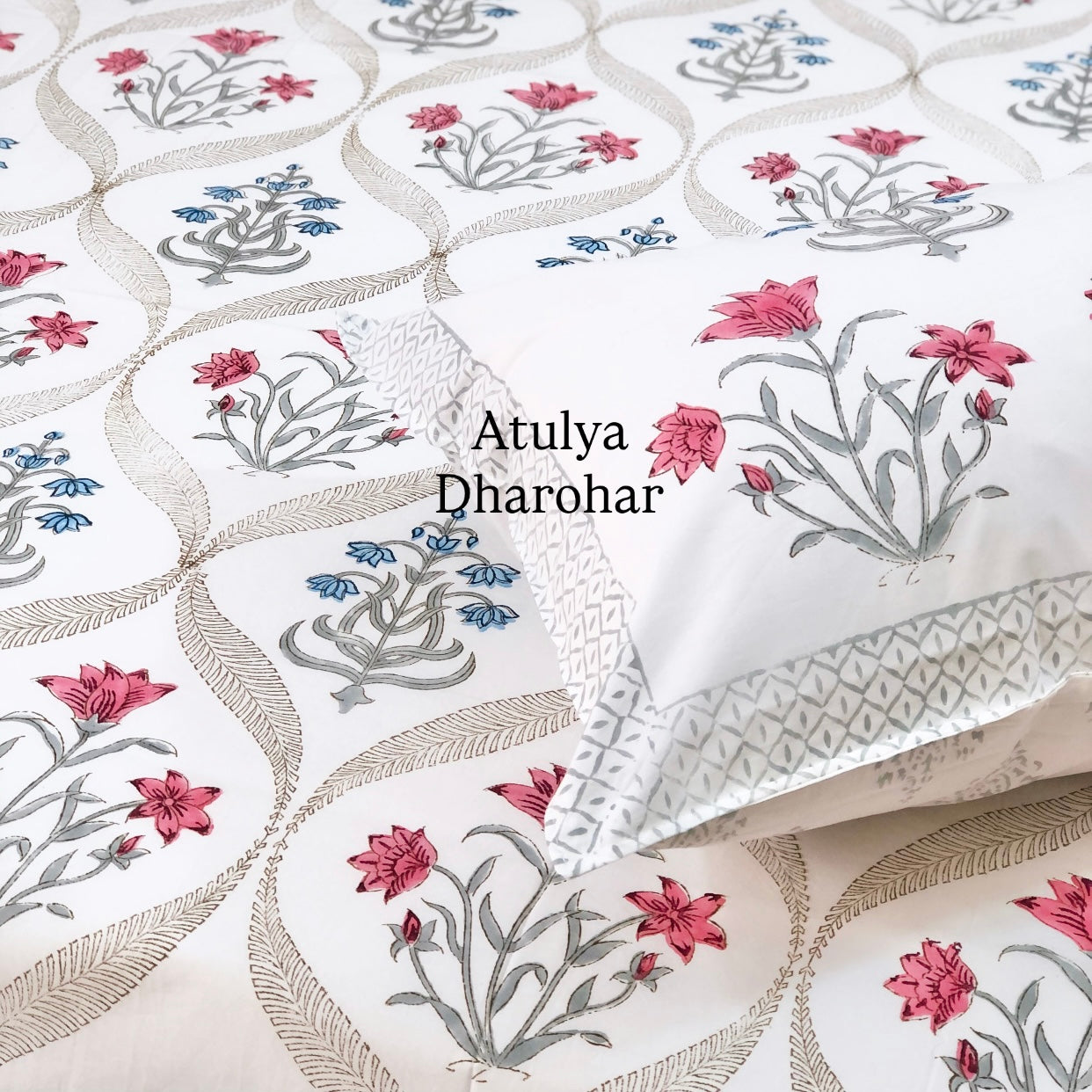Pink and Blue Floral Mughal Jaal Percale Cotton Hand Block Super King Bedsheet