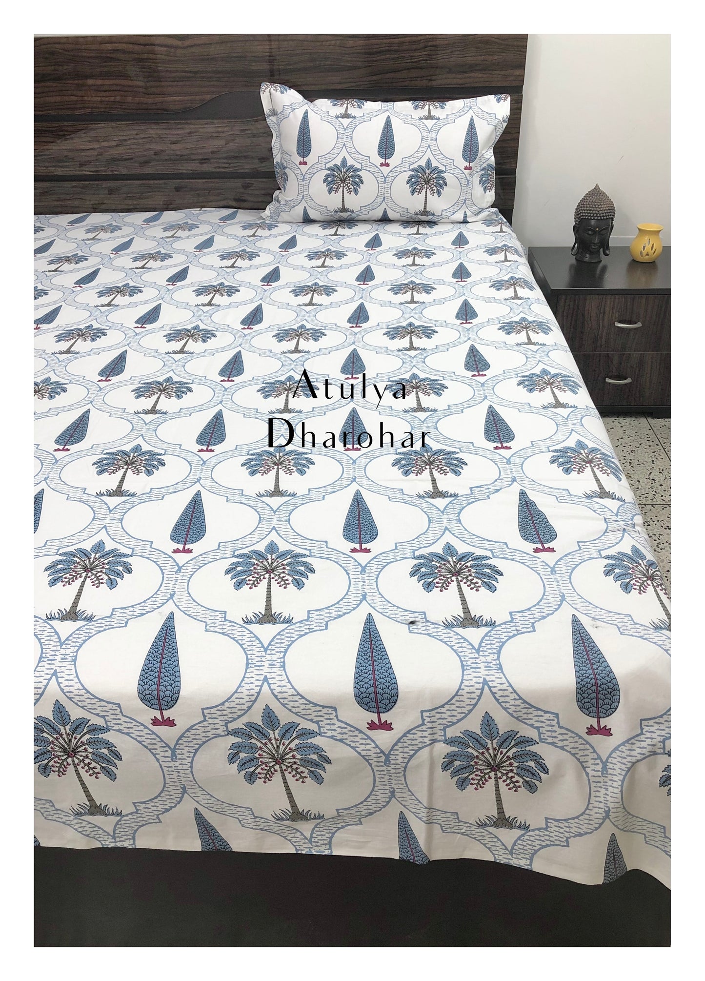 Blue Palm Tree Motifs Bedsheet