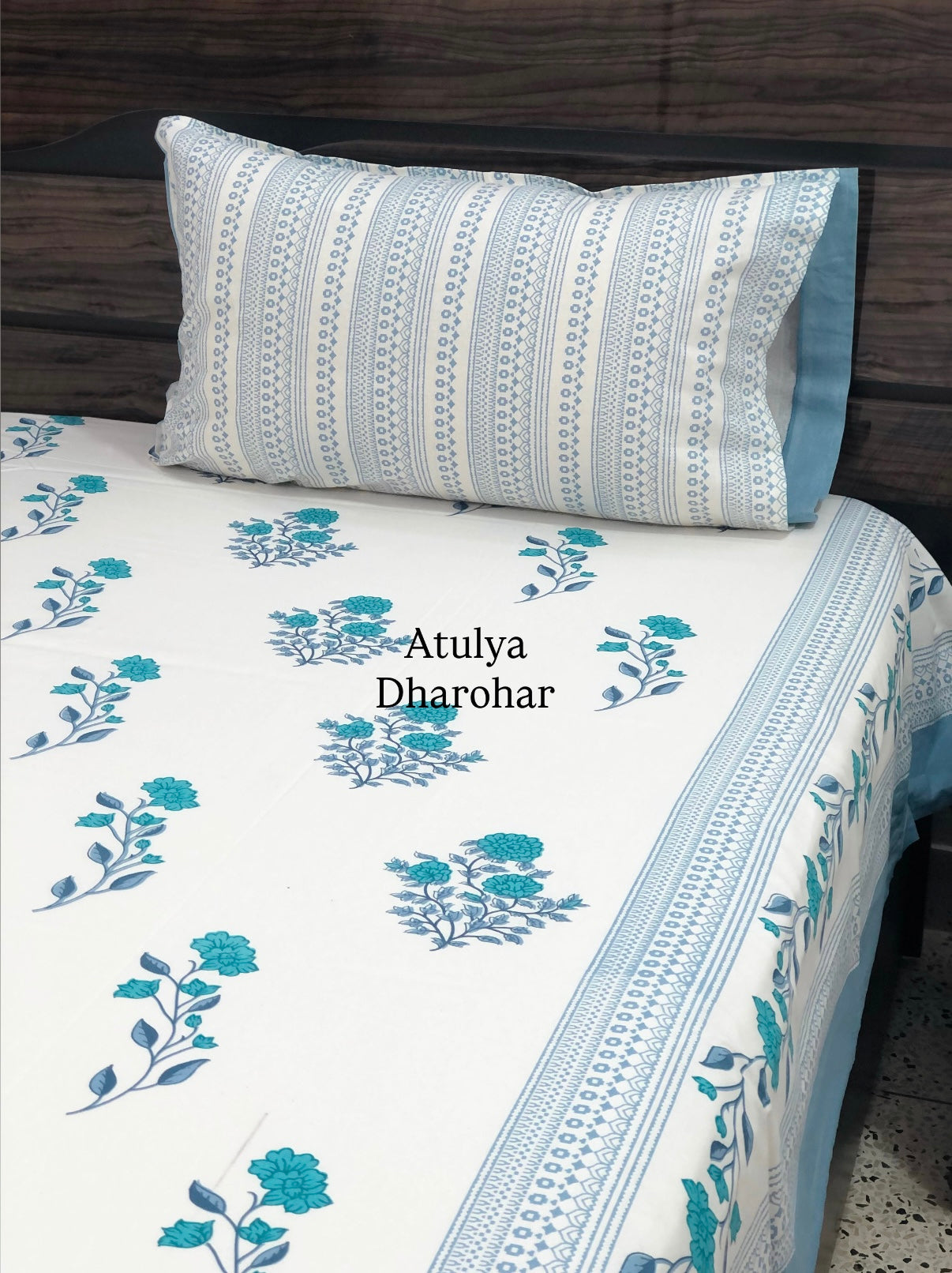 Blue Floral Motifs Cotton Super King Bedsheet