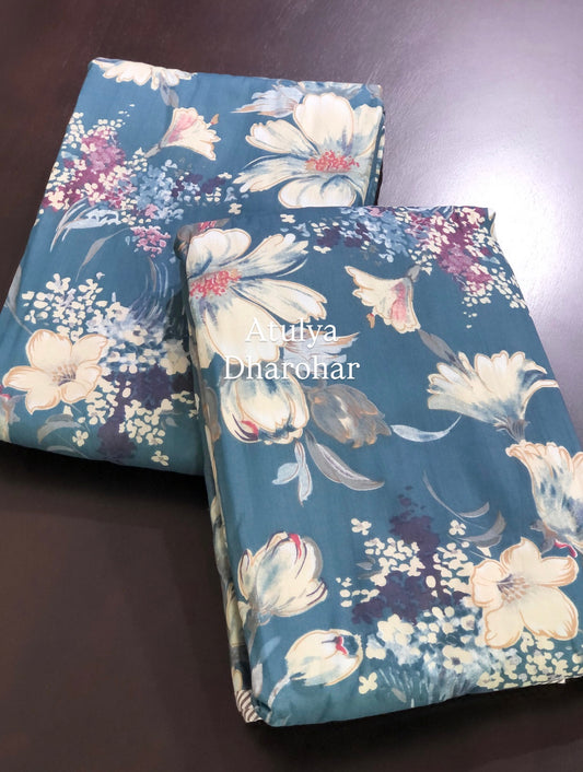 Turquoise Blue Floral Mulmul Single Dohar Pair