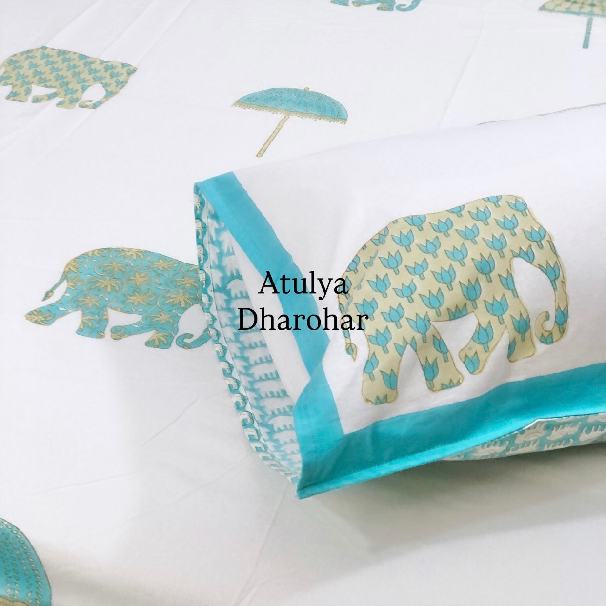 Elephant and Umbrella Motifs Cotton Hand Block Super King Bedsheet
