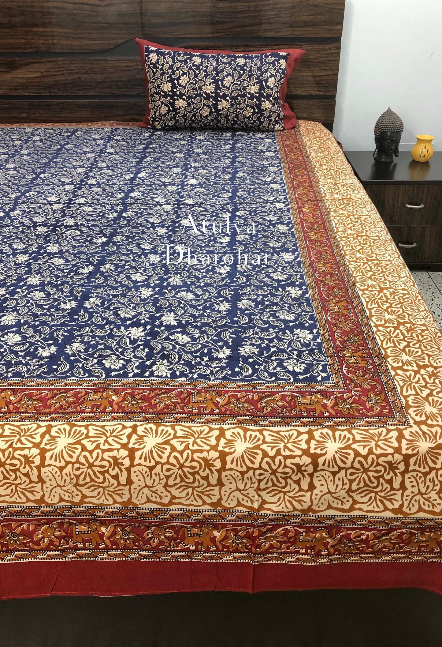 Indigo Kalamkari Cotton Bedsheet