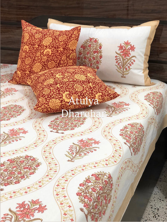 Peach Floral Motifs Cotton Super King Size Bedsheet