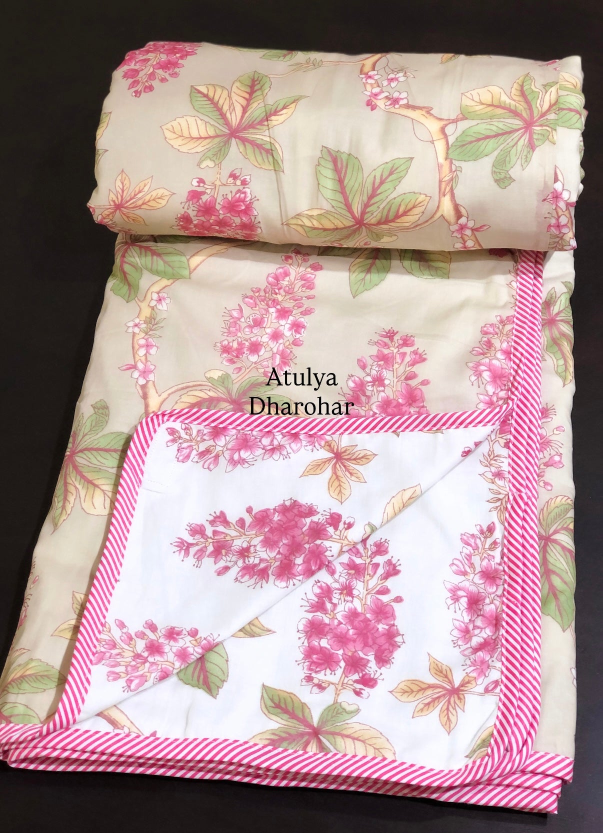 Pink and Green Floral Mulmul Double Bed Dohar
