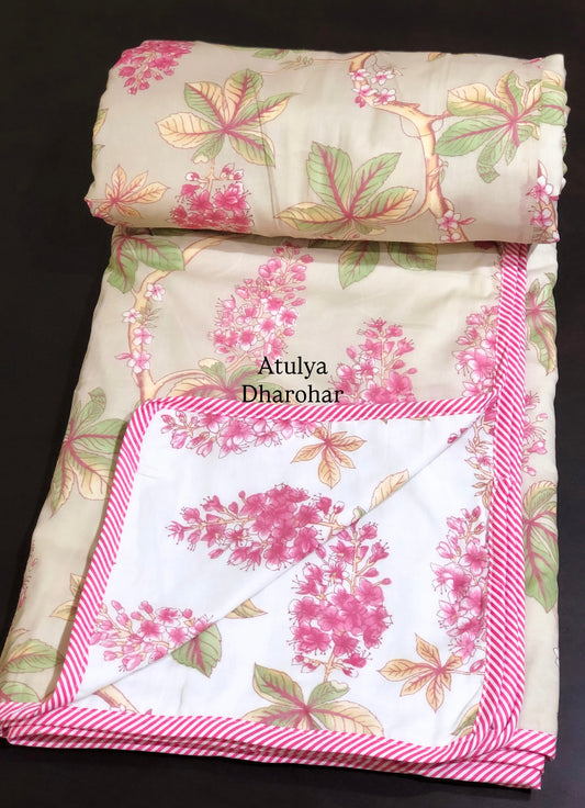 Pink and Green Floral Mulmul Double Bed Dohar