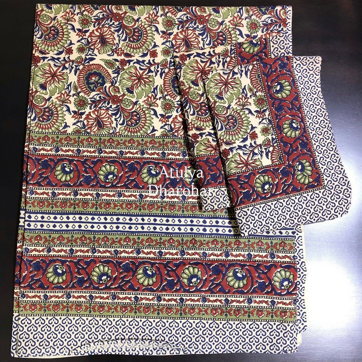 Green and Blue Kalamkari Cotton King Size Bedsheet