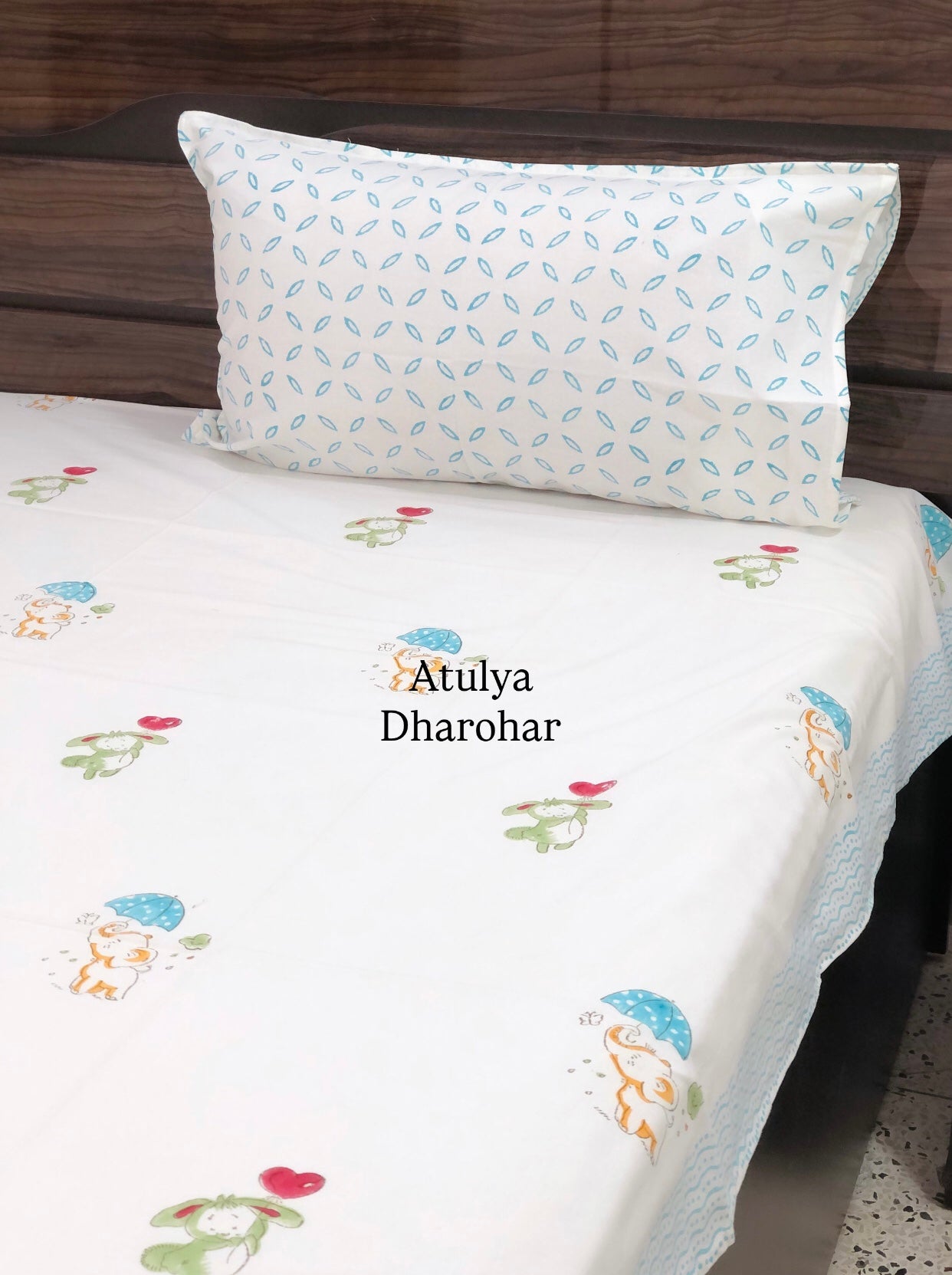 Elephant and Rabbit Hand Block Printed Single Bedsheet