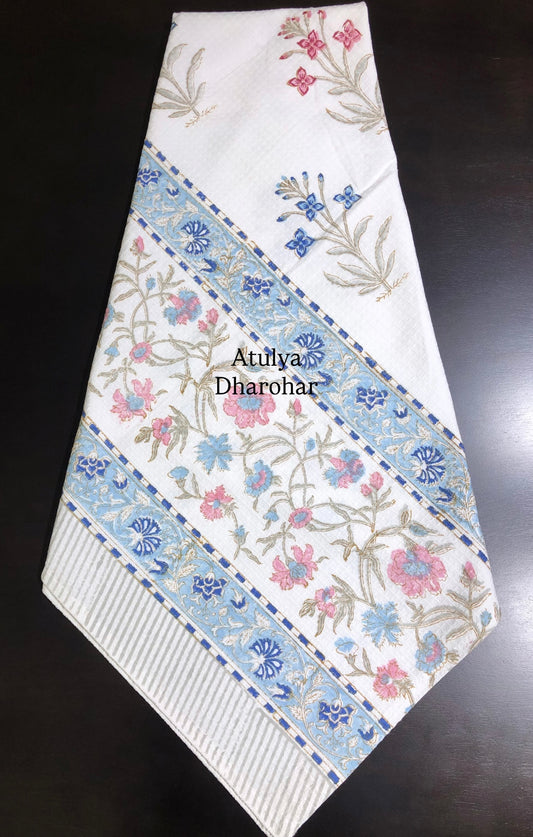 Blue and Pink Floral Motifs Hand Block Printed Waffle Cotton Towel