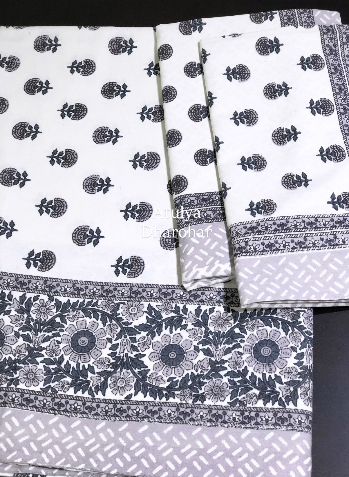 Grey Floral Motifs Cotton King Size Bedsheet