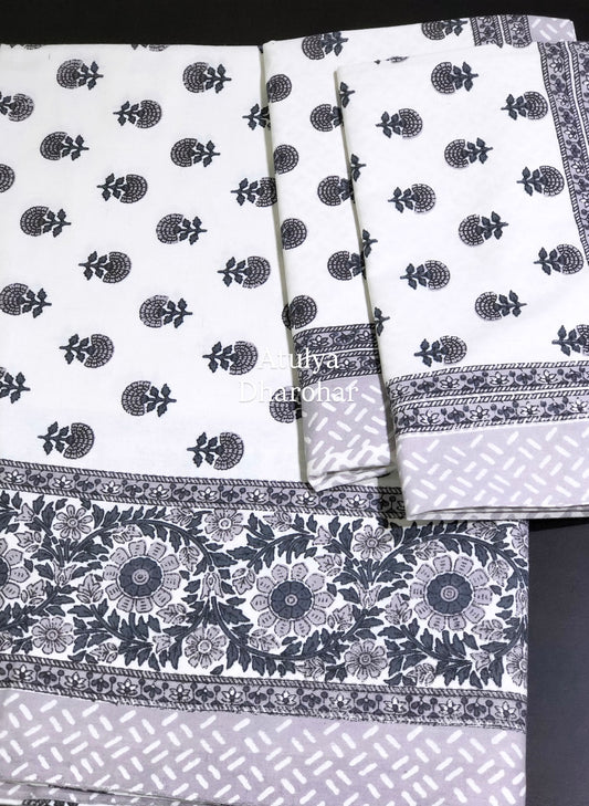 Grey Floral Motifs Cotton King Size Bedsheet