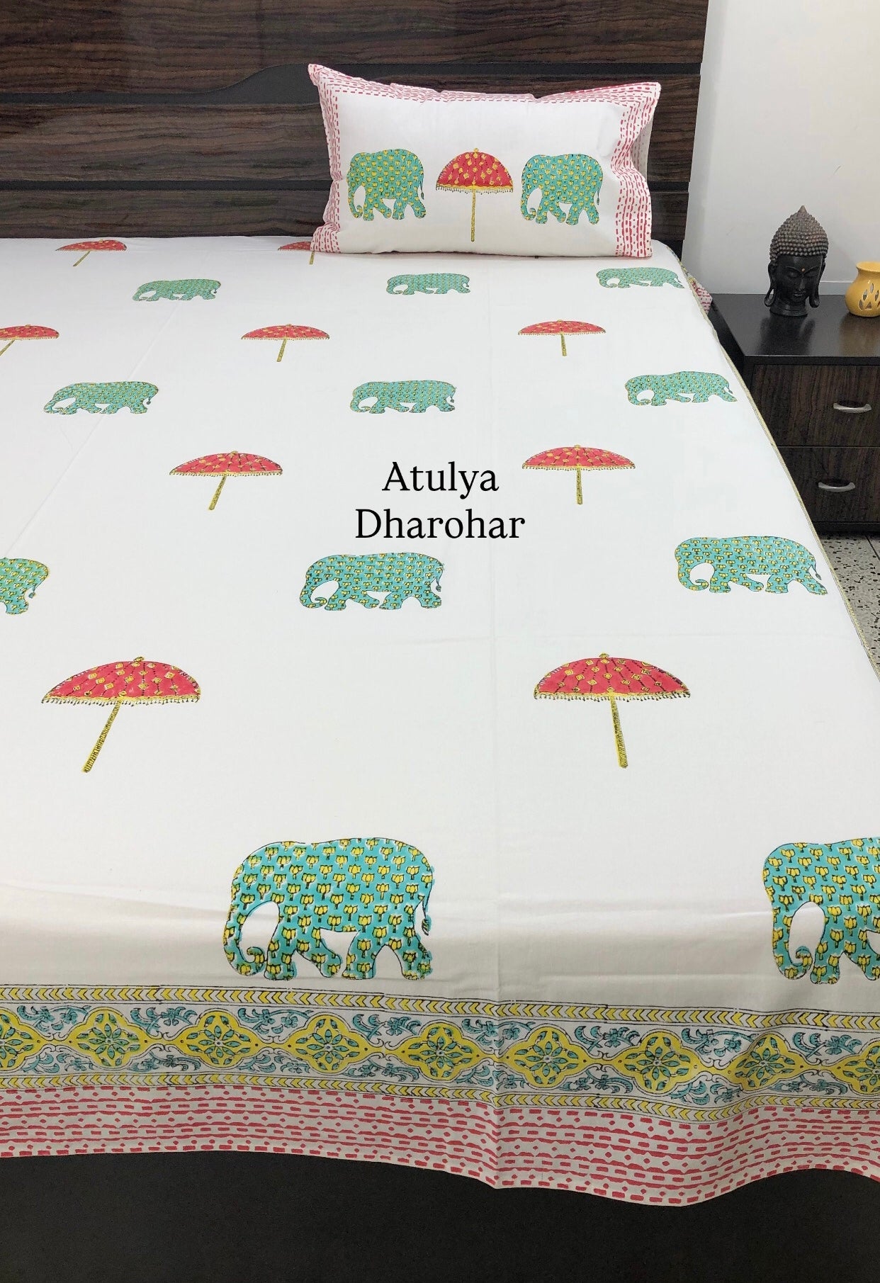 Elephant and Umbrella Motifs Hand Block Super King Bedsheet