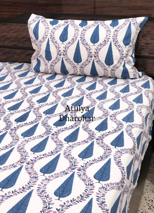 Blue and Pink Mughal Jaal Cotton Super King Bedsheet