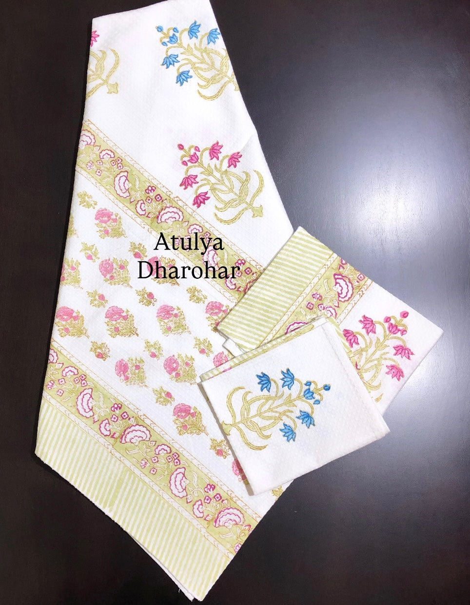 Green and Pink Mughal Motifs Hand Block Waffle Cotton Towel Set