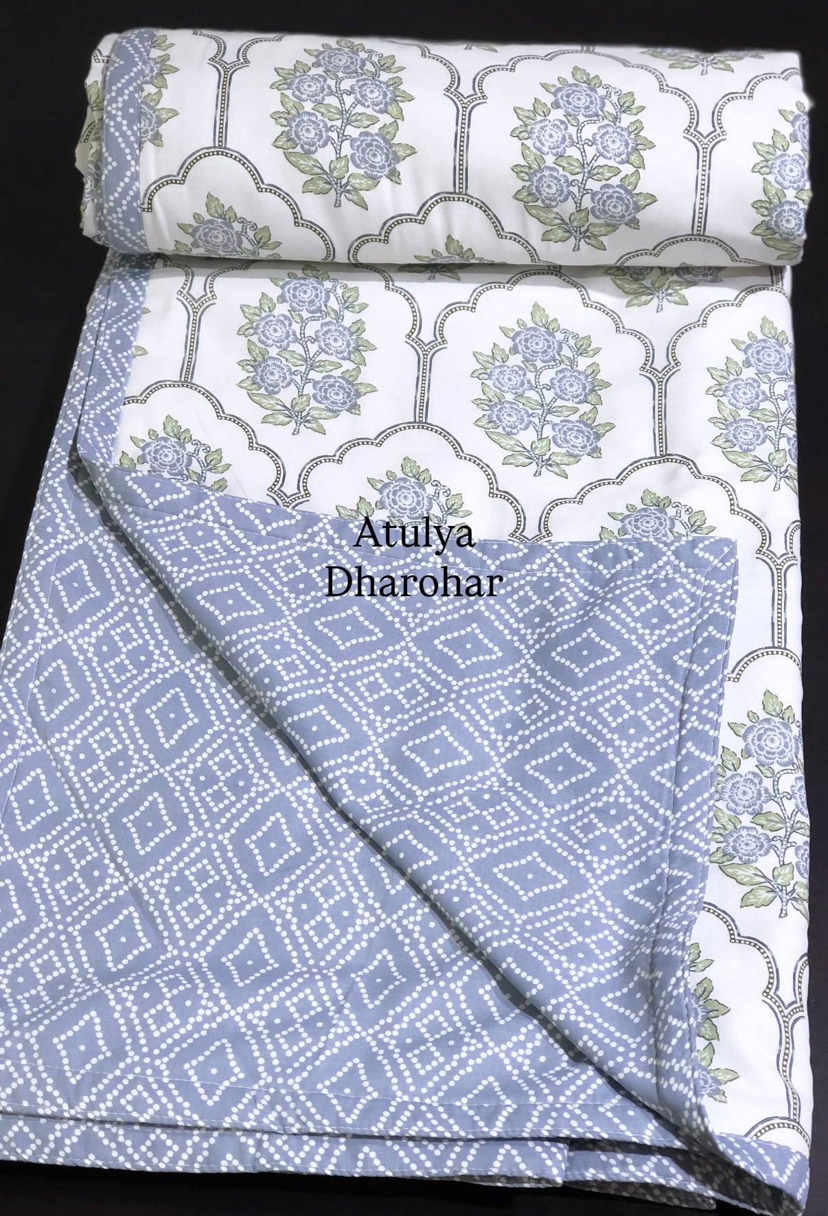 Blue Mughal Jaal Cambric Cotton Double Bed Dohar