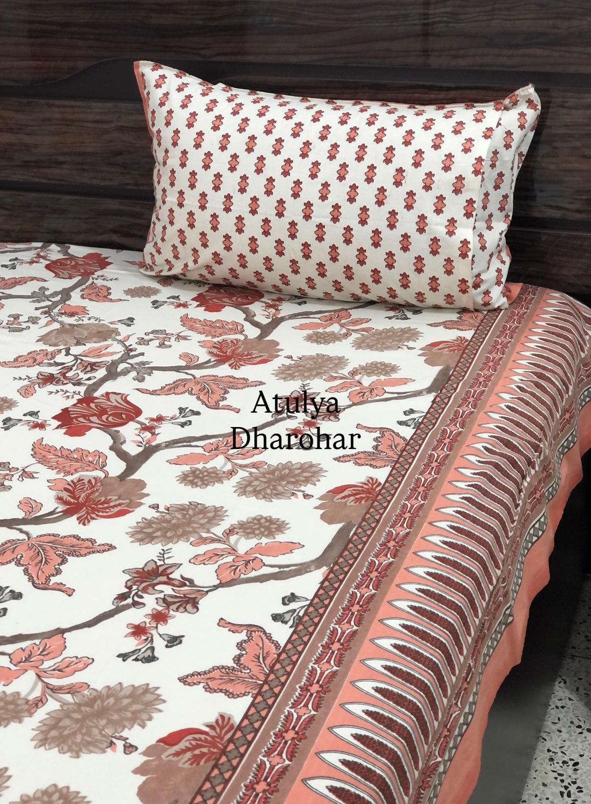 Orange Floral Jaal Cotton Super King Bedsheet