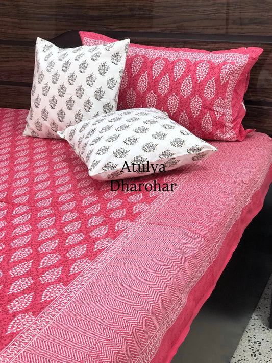 Pink Butti Cotton King Size Bedsheet