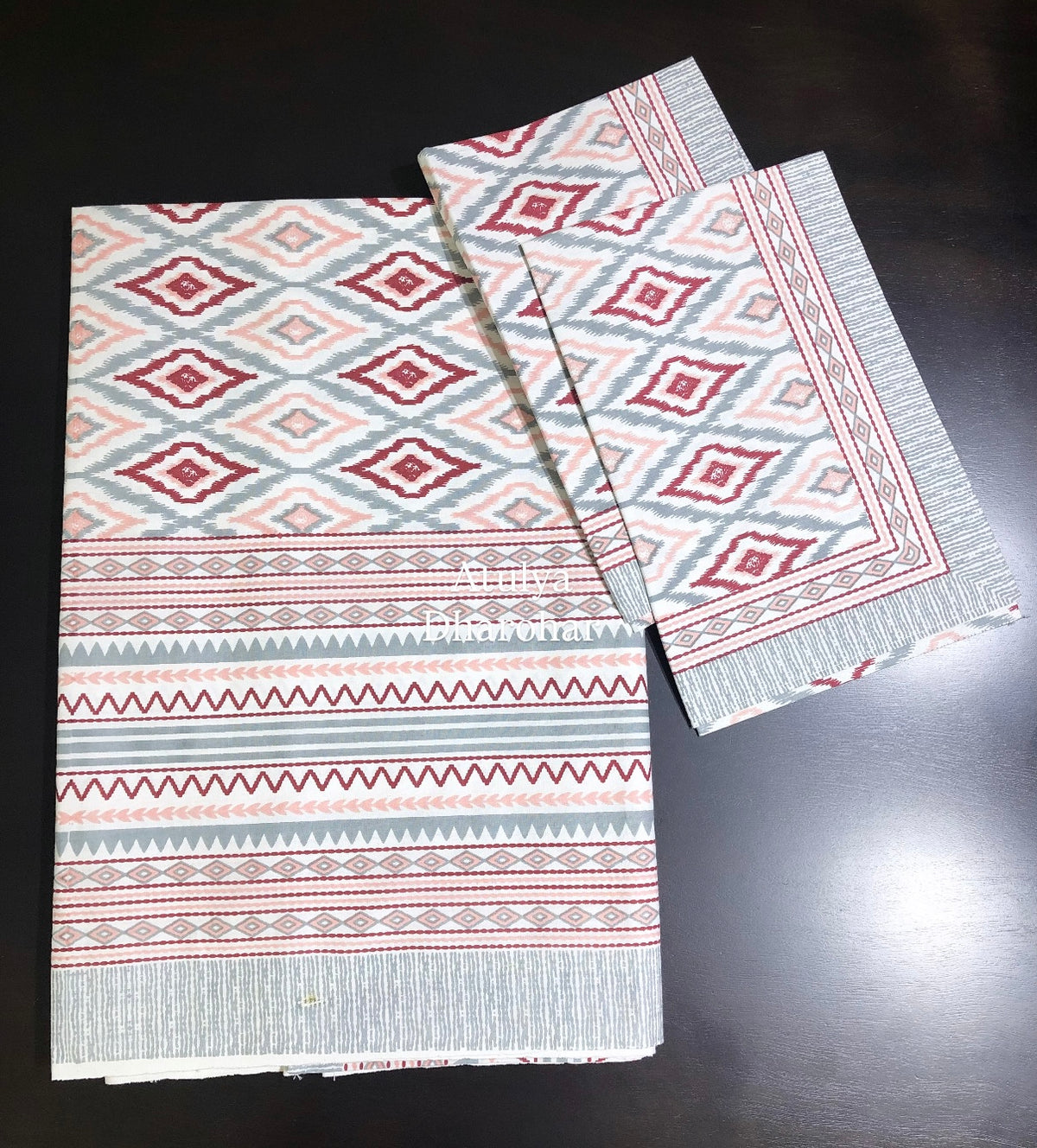 Grey and Pink Ikat Cotton King Size Bedsheet